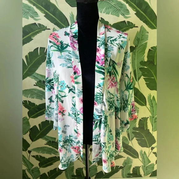 Boutique White Floral Open Front Kimono Top Size S - Picture 1 of 4